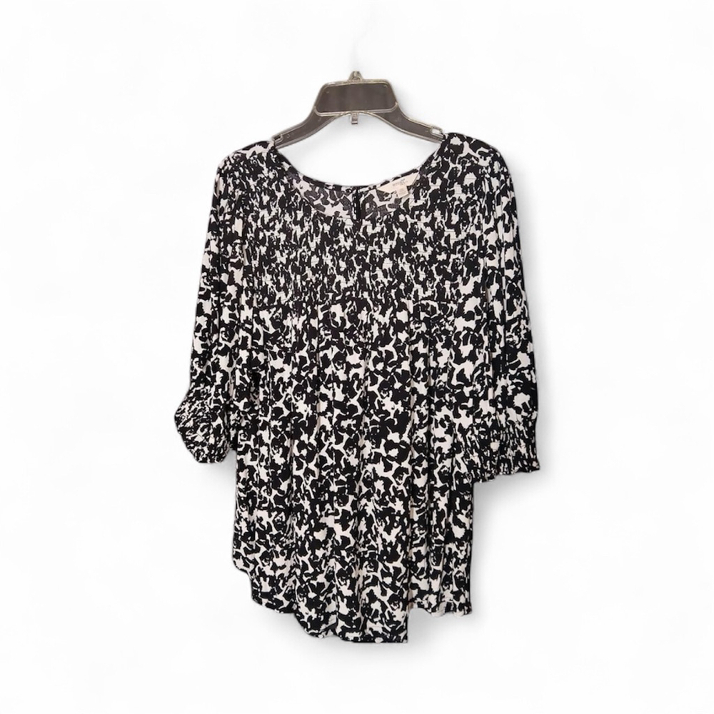 Terra & Sky Women's 0X (14W) Black and White Abstract Print Blouse (56JC)